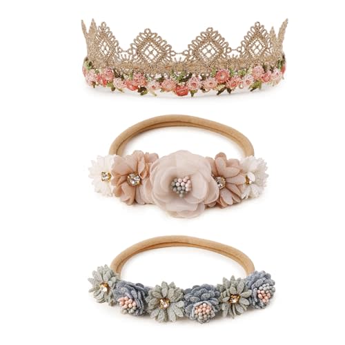 BFNAAgirl Baby Girl Floral Headband Nylon Flower Crown Elastic Hairband 3pcs Hair Accessories Gift for Girls (9572)