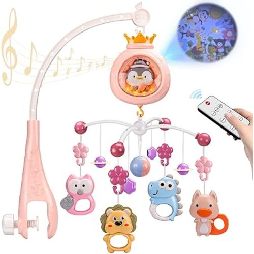 Baby Mobile for Crib, Crib Mobiles with Music and Lights, Nursery Hanging for Girls Boys Bassinets Toys, Musical Arm for Pack and Play, Space Portable Animal Clip On