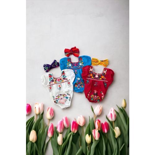 Hand-Embroidered Puebla-Style Romper with Headband - Mexican Floral Design