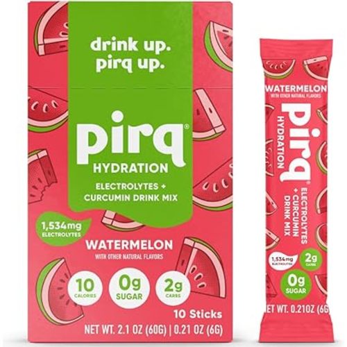 Pirq Hydration - Watermelon - Hydration Powder Packets | Electrolyte Drink Mix | Curcumin | B Vitamins | Zero Sugar | Keto Friendly | 10 Sticks