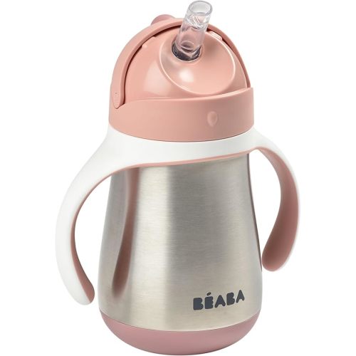Beaba Stainless Steel Straw Sippy Cup, Sippy Cup with Removable Handles, Sippy Cup with Straw, 8+ months, 8.5 oz (Rose)