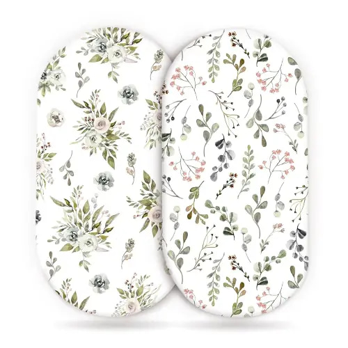 Stretchy Ultra Soft Fitted Bassinet Sheets 2 Pack, Universal Fitted for Bassinets Baby Cradle Moses Basket Oval Rectangle Mattress, Watercolor Rose and Flora Bassinet Sheet for Baby Girls