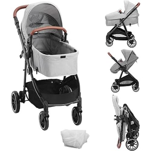 VEVOR Standard Baby Stroller, Infant Toddler Stroller with Bassinet, 3rd-Gear Adjustable Backrest & Foldable & Reversible Seat, Carbon Steel Newborn Stroller with Leg Cover and Mesh Net, Light Grey
