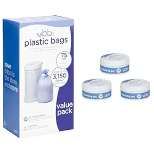 Ubbi Disposable Diaper Pail Plastic Bags, Value Pack, 75 Count, 13-Gallon Bags & Lavender Scented Absorbing Gel Value Pack - 3 Count Diaper Pail Odor Control for Baby Nursery - Baby Diaper Pail 75 Count - One Size - Plastic Bags + Lavender Absorbing Gel