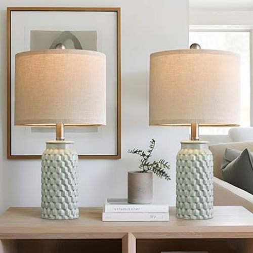 USumkky 20.5 inches Modern Ceramic Green Bedside Lamp Set of 2 for Bedroom Decor Farmhouse Table Lamp for Living Room Office Dorm