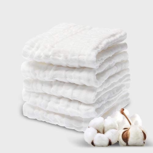 Baby Muslin Washcloths- Natural Muslin Cotton Baby Wipes - Soft Newborn Baby Face Towel for Sensitive Skin- Baby Registry as Shower, 5 Pack 12x12 inch by NKKFREY(White)