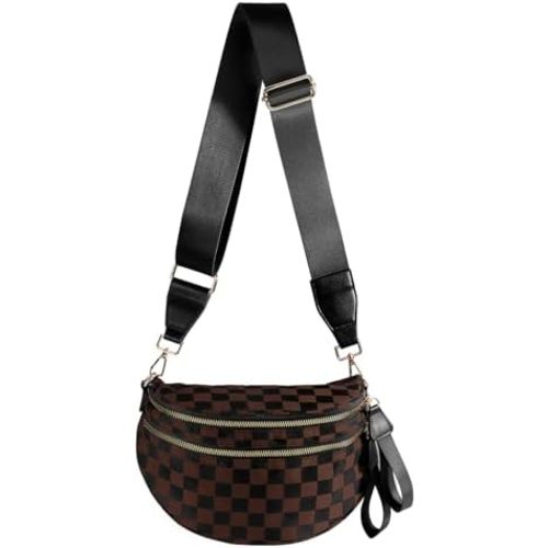 FEIBOON Spacious Checkered Nylon Crossbody Bag Bum Bag Handbags Wallets for Women (Khaki checkered -2)