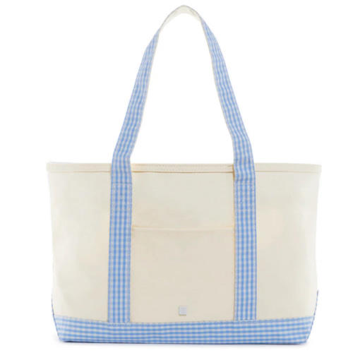 Tote Bag - Coated Canvas Medium Tote - Natural with Sky Gingham Trim