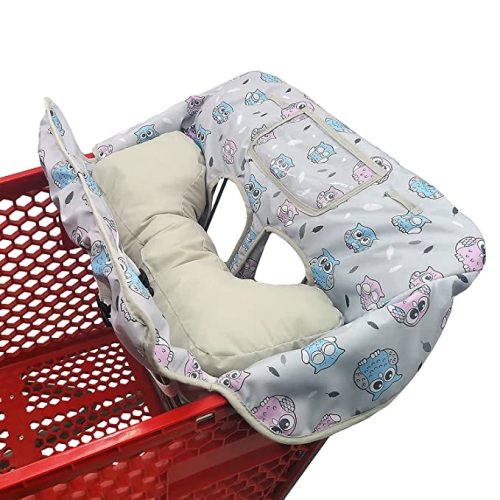 Soft Pillow Attached 2-in-1 Shopping Cart and High Chair Cover for Baby, Cotton Padded Cart Cover, Fold'n Roll Style, Portable with Carry Bag (Gray Owl) - Elephant