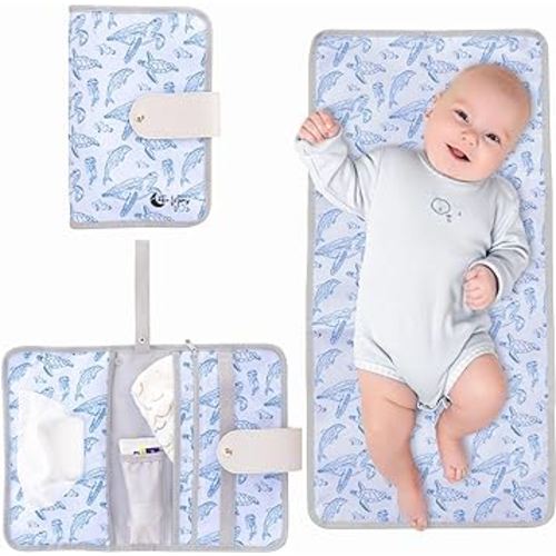 Portable Changing Pad - Waterproof Travel Changing Pad for Baby - includes Pockets for Wipes, Diapers and Cream - Baby Shower Gifts- Newborn Girl & Boy- Baby Essentials