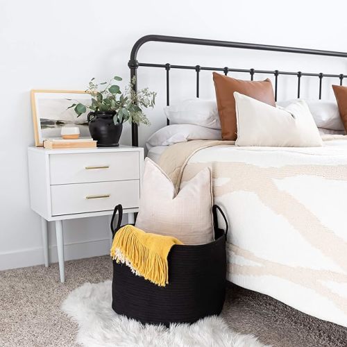 OrganiHaus Black Large Woven Basket for Storage 20x13 | Big Basket for Blankets for Living Room | Round Laundry Basket & Blanket Holder for Bedroom | Boho Blanket Basket | Pillow Basket & Toy Basket - Wide (20x13") - Full Black