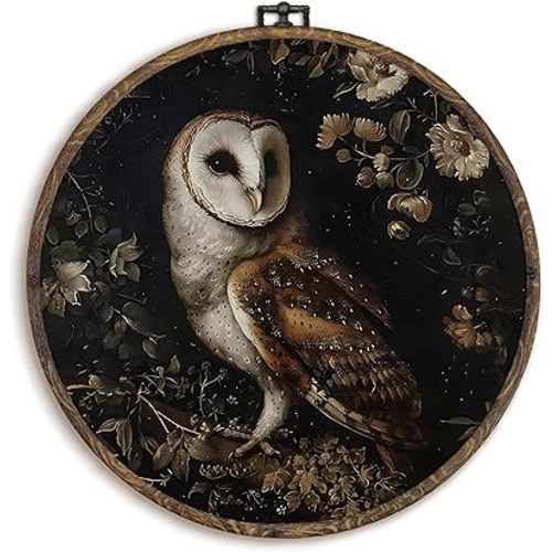 KFXHANGD Gothic Owl Round Wall Art Framed, Dark Cottagecore Owls Canvas Wall Art Decor, Witchy Owls Floral Hanging Decor for Bedroom Bathroom Living Room, Owl Lover Gifts, 10x10inch