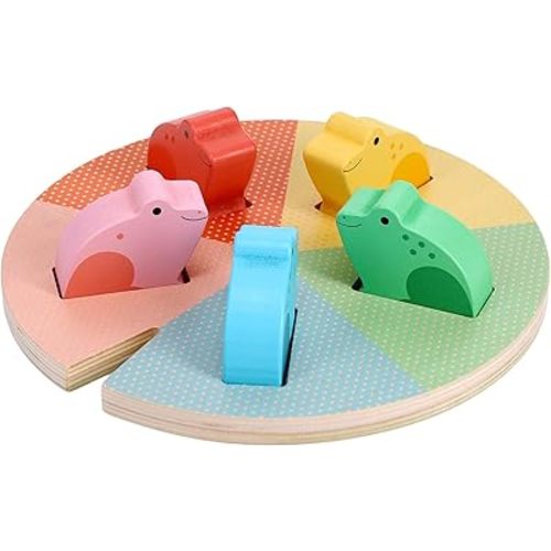 Petit Collage: Nursery Counting Puzzle- Five Little Speckled Frogs | Nursery Rhyme Puzzle with 5 Wooden Frogs | Color Matching and Counting | Great for Ages 1+