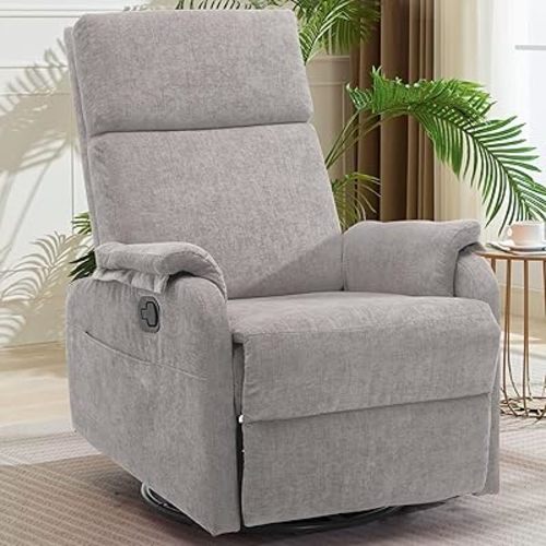 Recliner Chair, Swivel Rocking Recliner Chair for Adults, Glider Rocking Chair, Small Nursery Chair Recliner for Living Room, Reclining Chair with Modern-Designed Armrests, Chenille, Grey