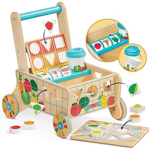Melissa & Doug Wooden Shape Sorting Grocery Cart Push Toy and Puzzles - Pretend Play Grocery Toys, Sorting And Stacking Toys For Infants And Toddlers Ages 1+ - FSC-Certified Materials