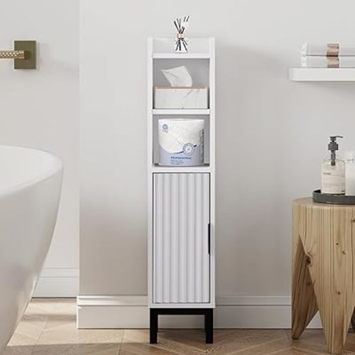 FerniTry Small Bathroom Storage Cabinet, Narrow Corner Floor Cabinet with Door and Shelves for Toilet Paper, Bathroom Organizer with Adjustable Shelf, for Small Spaces (White)