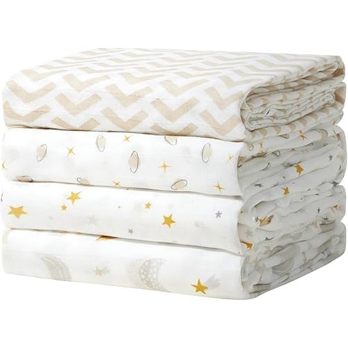 Momcozy Muslin Swaddle Blankets, 4 Pack Ultra Soft Neutral Swaddle Blanket, Breathable Large 47''x47'' Baby Infant Newborn Boys Girls Swaddling Receiving Blanket Wraps, Beige Star