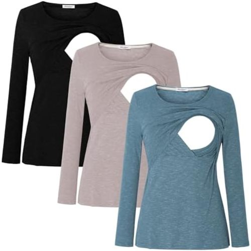 Bearsland Women's 3 Packs Maternity Clothes Long Sleeves Breastfeeding Shirts Nursing Top