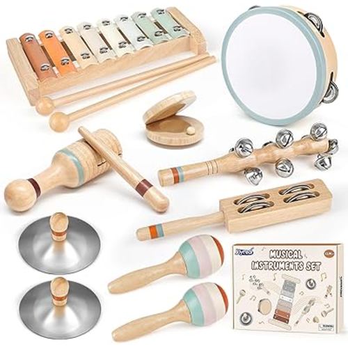 Toddler Musical Instruments, Joyreal Montessori Wooden Toys for Toddlers 1-3, Neutral Colors Percussion Instruments Set, Aesthetic Baby Musical Toys, Modern Boho Xylophone for Kids Playroom Gifts
