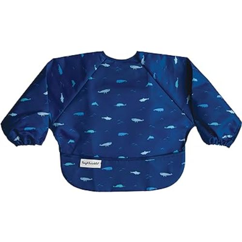Tiny Twinkle Mess Proof Baby Bib|Waterproof Smock Bib for Eating,Machine Washable Full Sleeve with Pocket(Ocean Life, Small 6-24 Months)