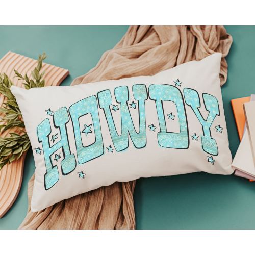 howdy throw pillow for couch, country western nursery decor, turquoise bandana print lumbar pillow, cowgirl baby shower gifts, rocking chair