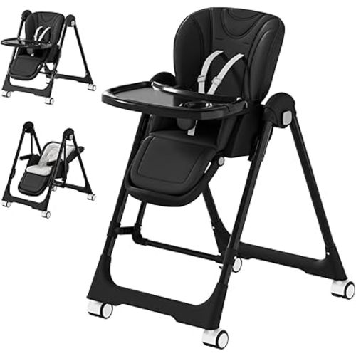 3-in-1 High Chairs for Babies and Toddlers, Foldable Baby High Chair with Rocking Mode, 5 Height Levels, Adjustable Backrest & Footrest, Lockable Wheels (Black)
