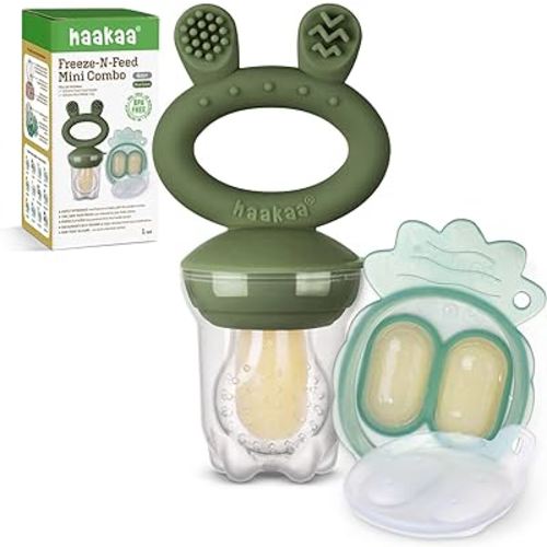 Haakaa Baby Fruit Food Feeder & Mini Freezer Nibble Tray Combo, Breastmilk Popsicle Molds for Baby Cooling Relief, BPA Free Silicone Feeder for Safe Infant Self Feeding, 4 Month+(Olive Green)