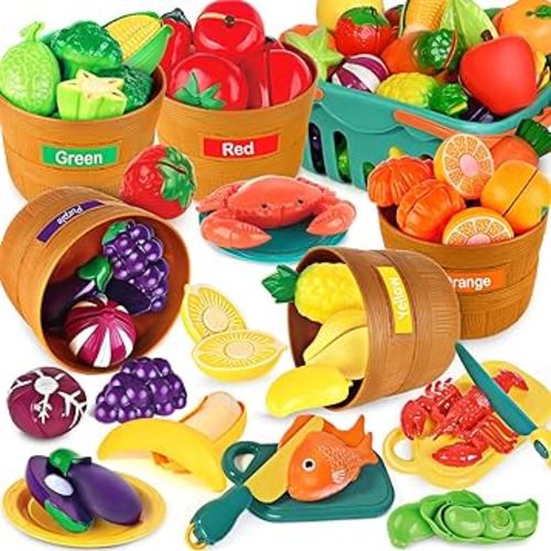 Play Food Set for Kids Kitchen- Color Sorting & Cutting Food Toy, Kitchen Accessories for Kids, Toddler Sorting Toys, Learning Toy for Girl Boy, Christmas Birthday Gifts for Kids 3 4 5 6 Years Old