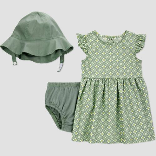 Carter's Just One You®️ Baby Girls' Geo Dress with Hat Set - Green 9M: Cotton Sun Dress, Diaper Cover