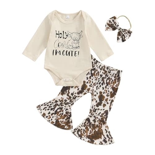 Chloefairy Western Baby Girl Fall Clothes Holy Cow I'm Cute Romper Bell Bottoms Flare Pants Set 3Pcs Infant Cowgirl Outfit