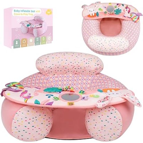 Blublu Park Baby Chair Sit Me Up Floor Seat with Detachable Activity Sensory Tray, Inflatable Seat with Cover for Babies 3-36 Months, Portable Baby Seats for Sitting up, Unicorn