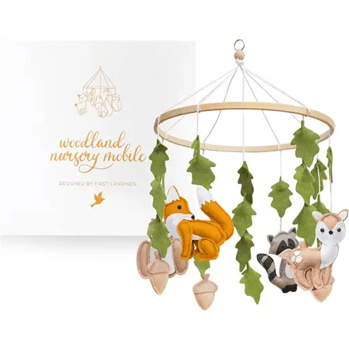 First Landings Woodland Baby Mobile for Crib - Baby Nursery Mobiles - Woodland Nursery Decor Theme - Gender Neutral Baby Stuff - Animals Forest Nursery Decor Baby Mobile - Woodland Baby Stuff