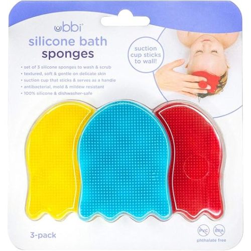 Ubbi Jellyfish Silicone Baby Bath Sponges, Baby Bathing and Care Essentials for Newborns, Baby Bath Brushes for Dry Skin and Cradle Cap, Set of 3