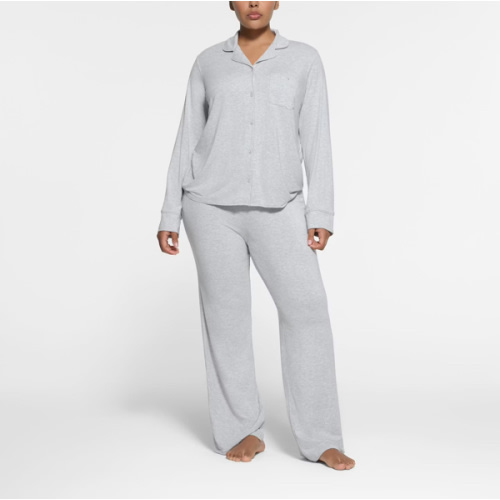 SKIMS SLEEP LONG SLEEVE BUTTON UP SET | LIGHT HEATHER GREY | SKIMS