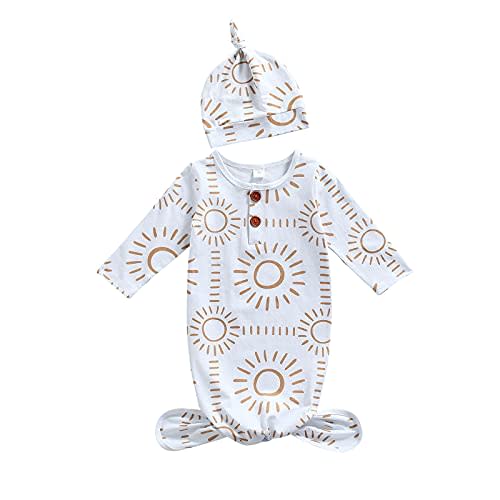 Tsseiatte Newborn Baby Boy Girl Knotted Gowns Long Sleeve Printed Sleeping Bag Coming Home Outfit Nightgown Pajamas Hat Set