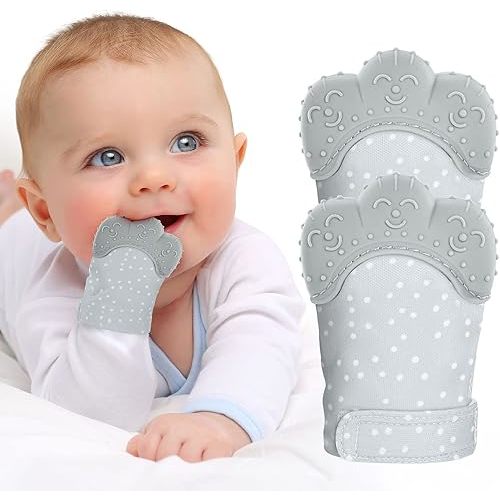 2Pack Silicone Teething Mitt, Soothing Infant Teething Mitten Pain Relief, Prevent Scratches Glove, Safe Silicone Teething Toys for 0-12 Months