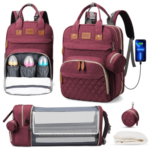 Diaper Bag Backpack, Multifunction Diaper Bag Backpack With Changing Station, USB Charging Port & Foldable Crib, Large Capacity Travel Backpack w/Sunshade&Pacifier Case&Stroller Straps(Red)