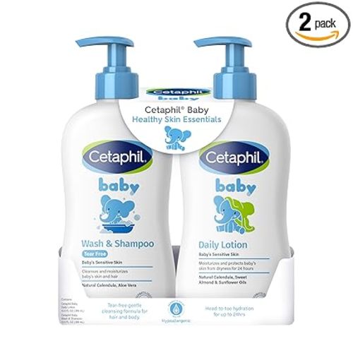 Cetaphil Baby Wash & Shampoo + Lotion, Sensitive Skin, 13.5oz, 2ct | Hypoallergenic, Tear-Free, Gentle For Newborns, 24-Hour Hydration, Dermatologist-Tested, Baby Skincare Essentials Bundle