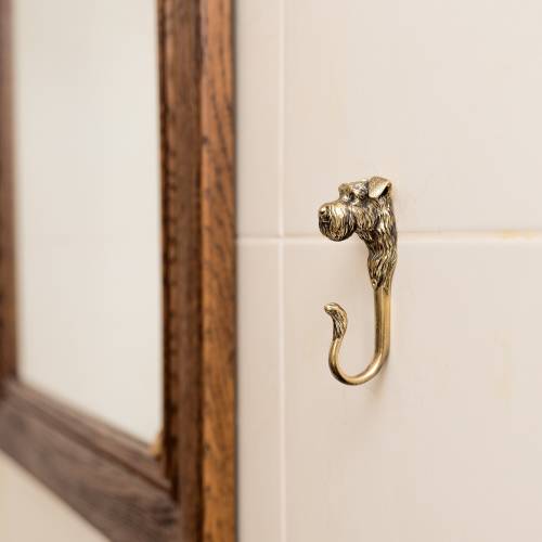 Brass Wall Hook TUTURA in the Shape of a Miniature Schnauzer Dog, sturdy, heavy, and durable. Suitable for clothing, towels, hats, backpacks