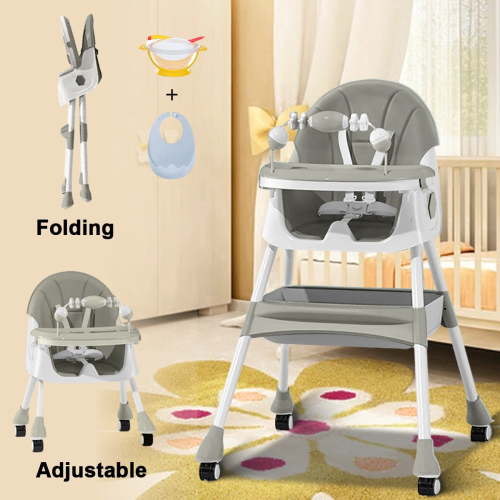MONEHANE 4-in-1 Baby High Chair Portable Baby Dining Chairs Eat & Play Convertible High Chair with Five-point Snap Button, Double-layer Dinner Plate and Toy Rack, Gray