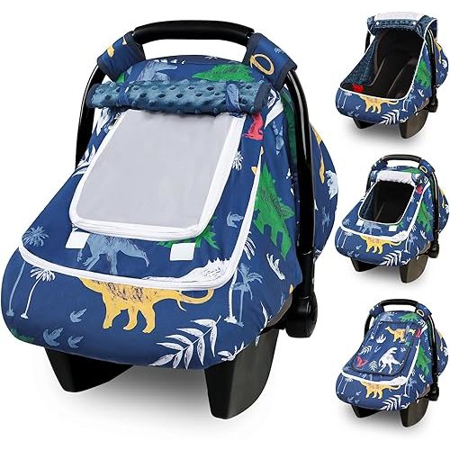 Hooyax Baby Car Seat Cover with Dual Zipper, Extra Large Mesh Window Carseat Canopy, All-Season Weather Protection for Infant Car Seats & Strollers (Dinosaur)