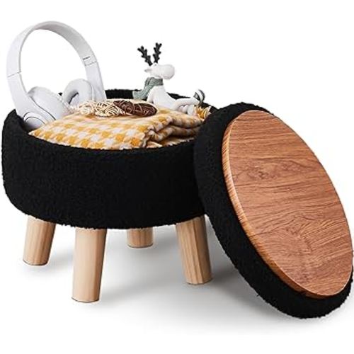 Wimarsbon Storage Ottoman, Modern Round Footrest with Soft Padded Seat, Teddy Velvet Footstool with Wood Legs, Accent Small Table or Plant Stand for Hallway, Living Room (Black)