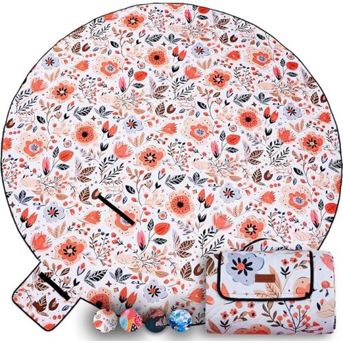 79" Round Waterproof Picnic Blanket - Extra Large, Durable & Foldable Outdoor Mat for Grass, Beach or Park - Outside Baby Playmat & Cute Blanket for Family, Kids and Camping Days