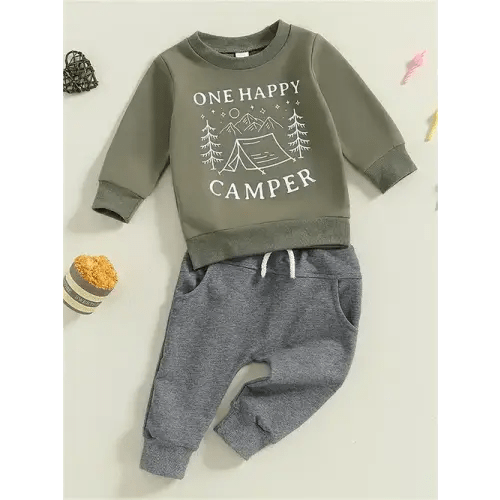 Boys' Cotton Blend Casual * Set with Crew Neck Sweatshirt and Long Pants, Slight Stretch Fabric, Happy Camper Print, Fall/Winter Knit Outfit wit