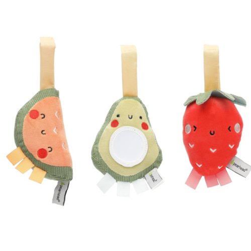 Pearhead Fruit Stroller Toys, Plush Interactive Toy Set for Baby Car Seat with Hanging Mirror, Babyu Car Mirror Toys, Strawberry Avocado Watermelon, Set of 3