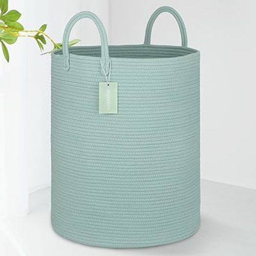Large Cotton Rope Laundry Basket Hamper for Clothes 65L, Woven Storage Basket for Living Room Bedroom, Tall Rope Baskets, Blanket Basket, Baby Nursery Hamper Bin, 16”x 20”, Light Green