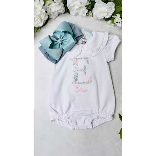 Baby girl coming home outfit, Floral Embroidery Bubble, Light Pink Bow/Headband, Monogrammed Romper, Pima Cotton, Personalized, toddler size