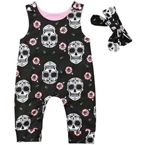 Muasaaluxi Newborn Baby Girls Boys Skull Floral Romper Jumpsuit Sleeveless Bodysuit Playsuit Headband Halloween Outfit