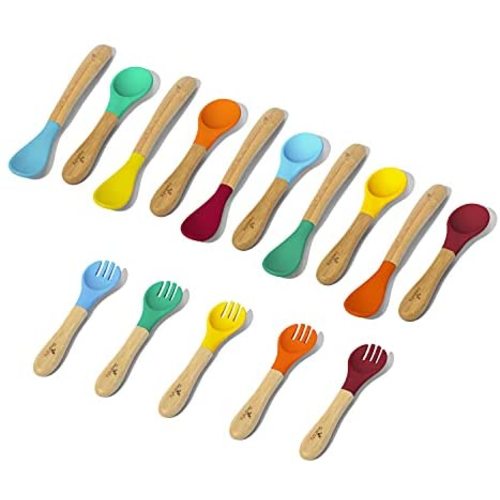 Avanchy Bamboo Baby Spoons Set & Infant Spoons Set & Baby Forks - BPA Forks - Bamboo and Silicone Toddler Fork - 5.5" L x 1.25" W (Rainbow Mega Gift Set)