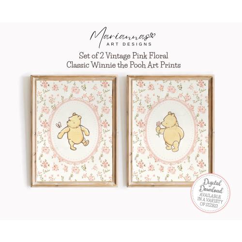 Winnie the Pooh Nursery Decor Classic Winnie the Pooh Prints Vintage Girls Room Prints Set of 2 Pooh Bear Vintage Floral PRINTABLE Wall Art